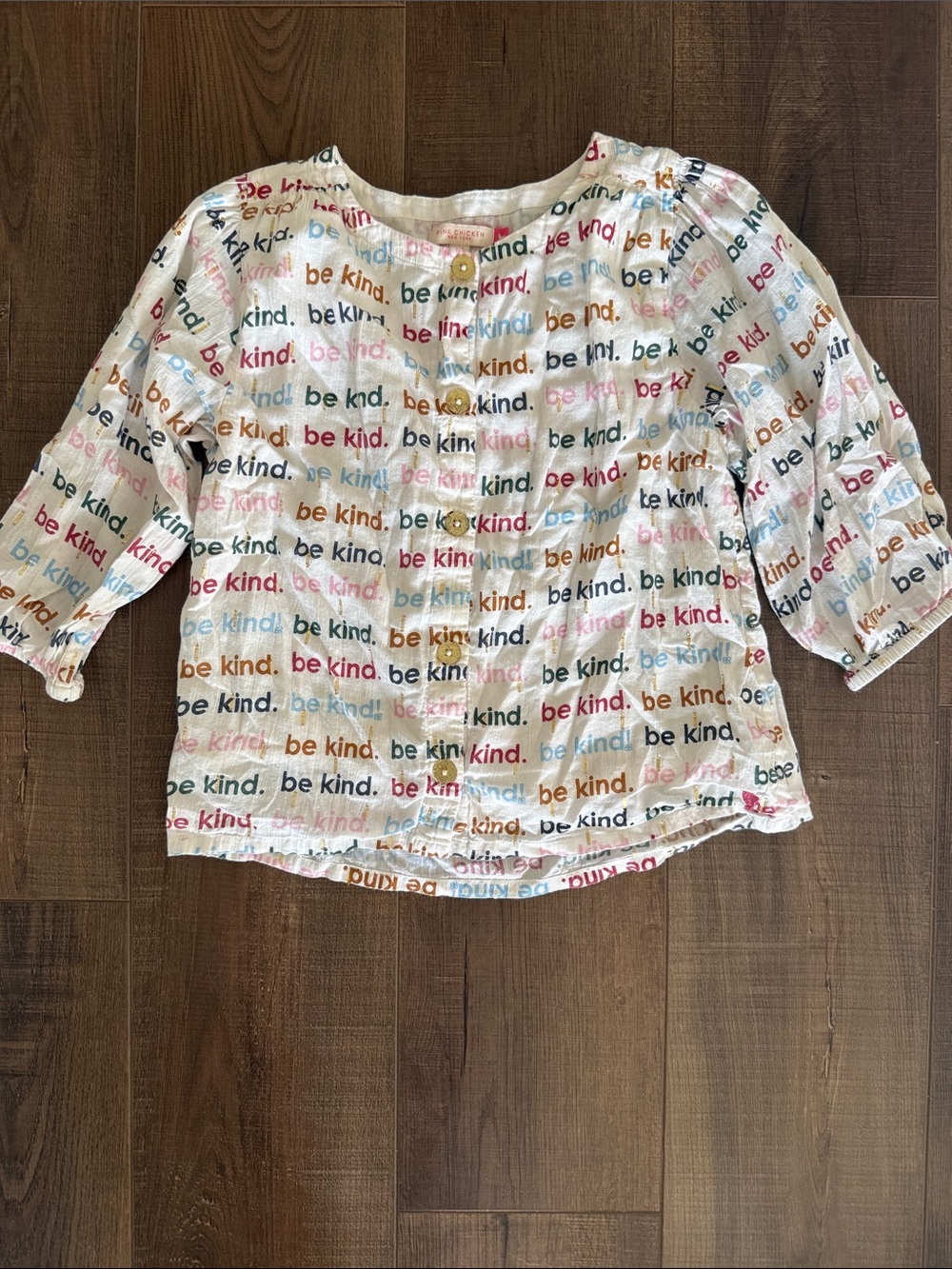 Pink Chicken Multicolor "Be Kind" Printed White Button-Front Top